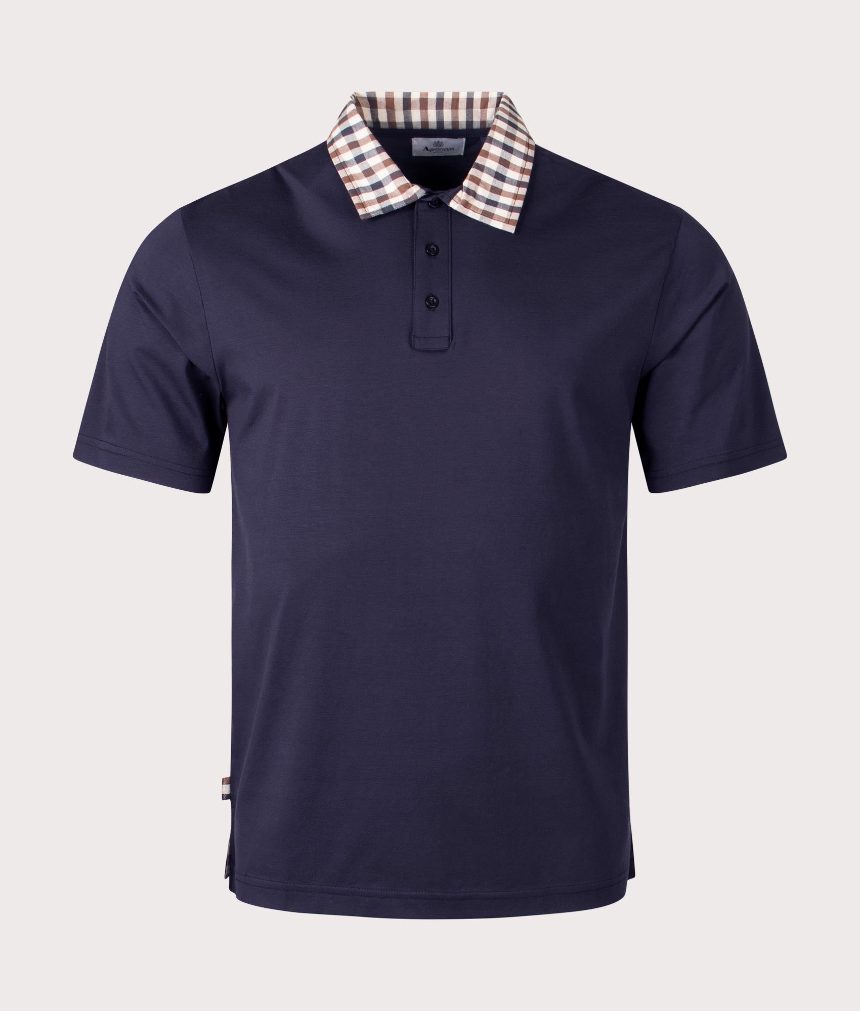 Aquascutum Supima Polo Shirt in Navy Blue. Shot at EQVVS. Front shot. 