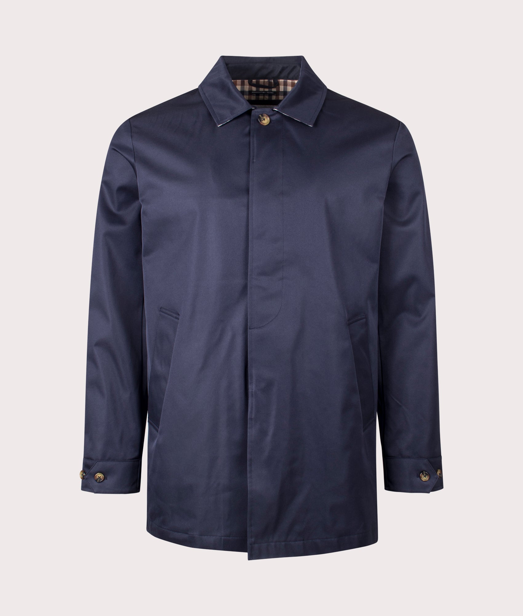 Aquascutum Iconic Caban Mac in Navy at EQVVS. Front shot.