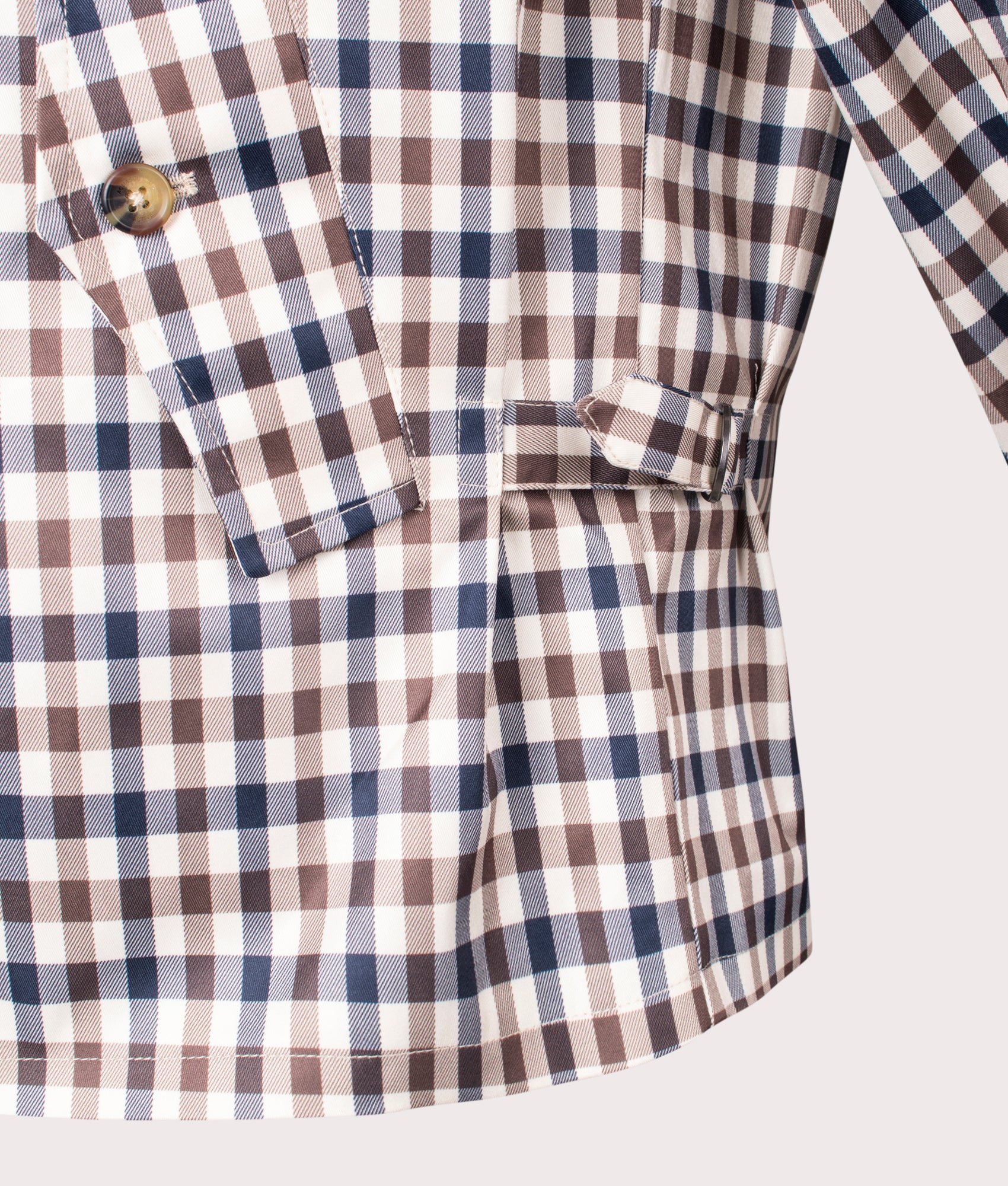 Aquascutum Archival Mid Jacket in Club Check at EQVVS. Detailed shot.