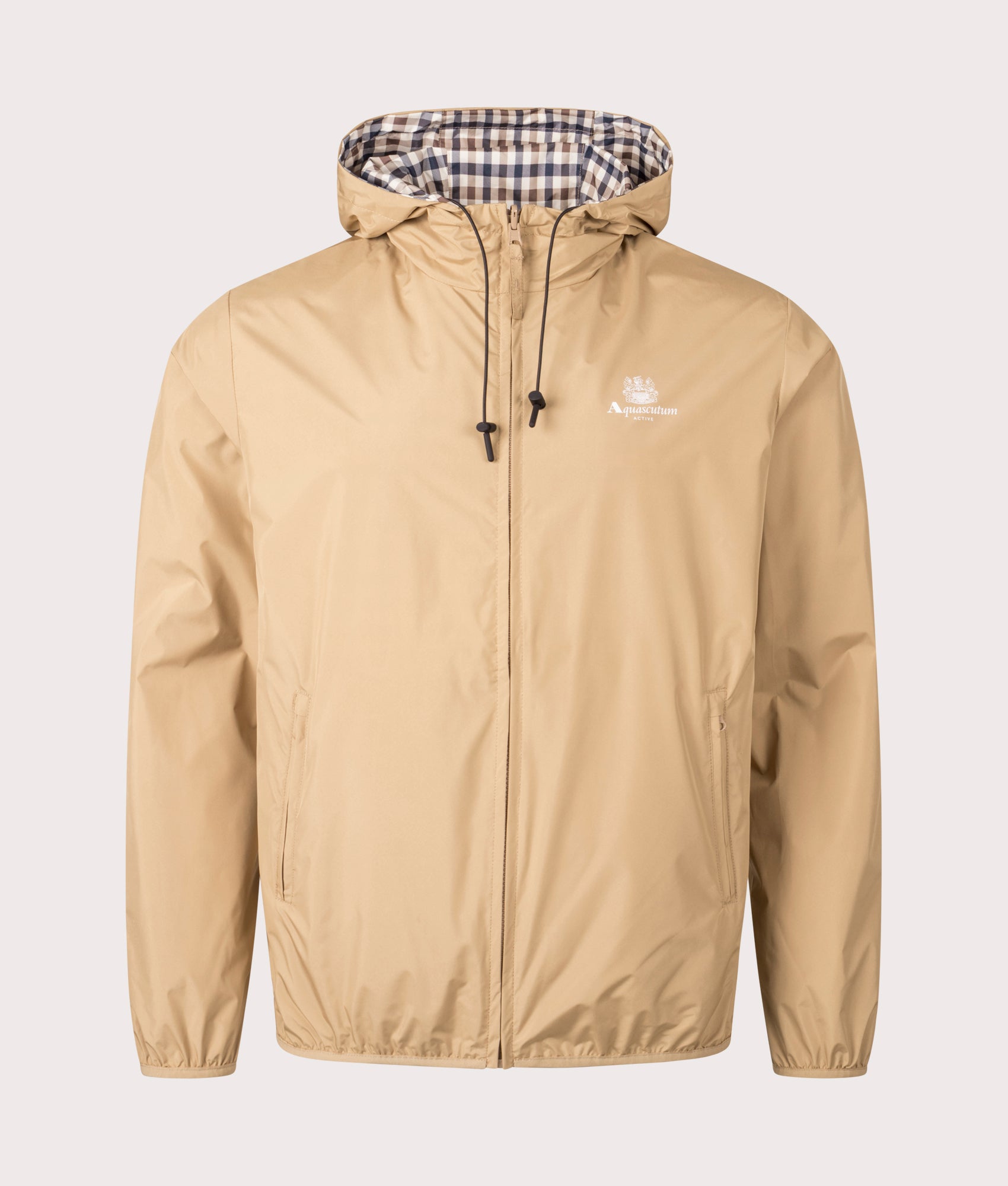 Aquascutum Hooded Sailor Lightweight Jacket in Khaki. Shot at EQVVS. Front shot. 