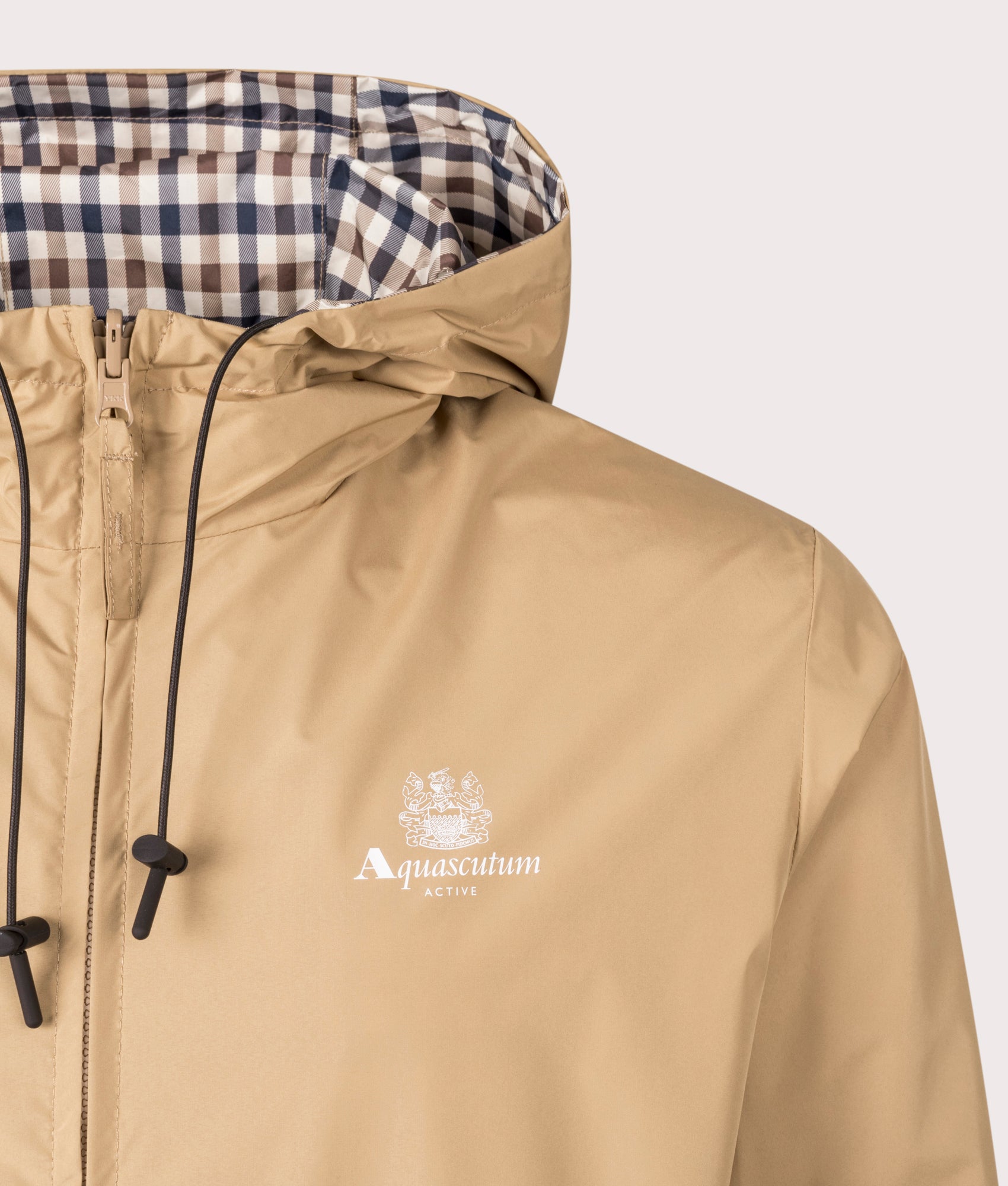 Aquascutum Hooded Sailor Lightweight Jacket in Khaki. Shot at EQVVS.  Detail shot. 