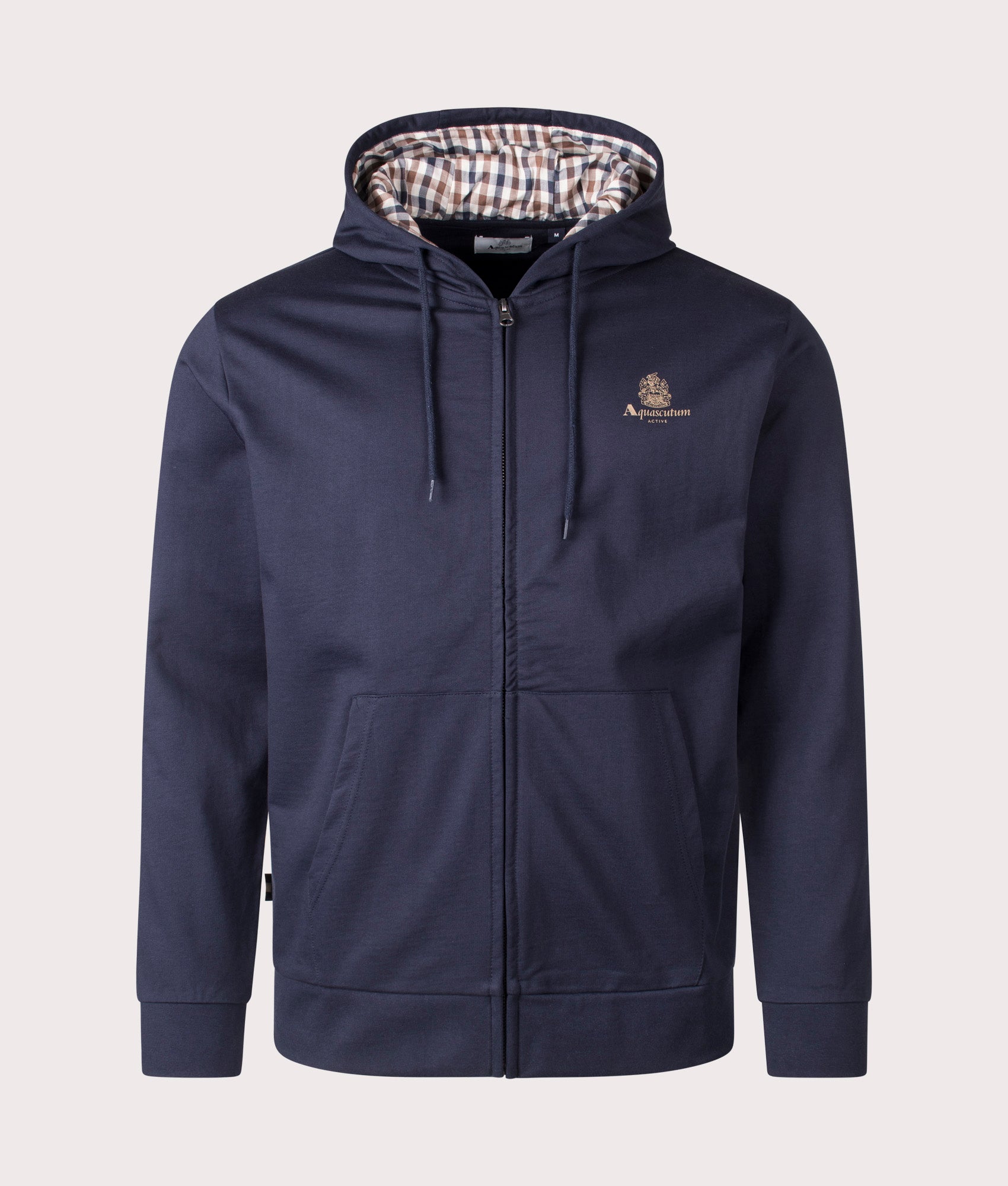 Aquascutum Small Logo Full Zip Hoodie in Navy. Front Shot at EQVVS.