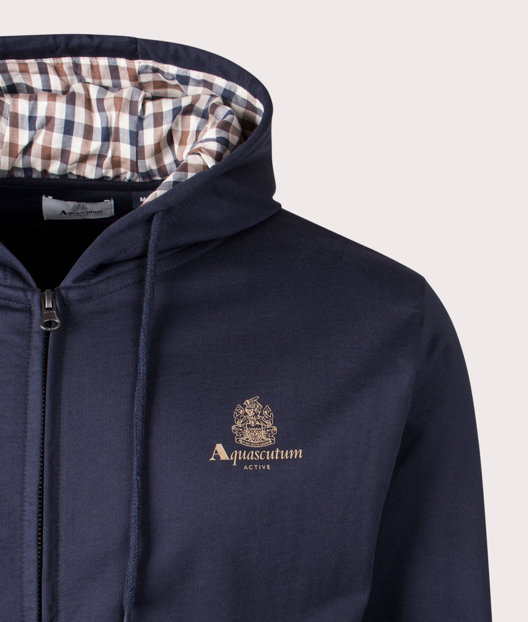 Aquascutum Small Logo Full Zip Hoodie in Navy. Detail Shot at EQVVS.