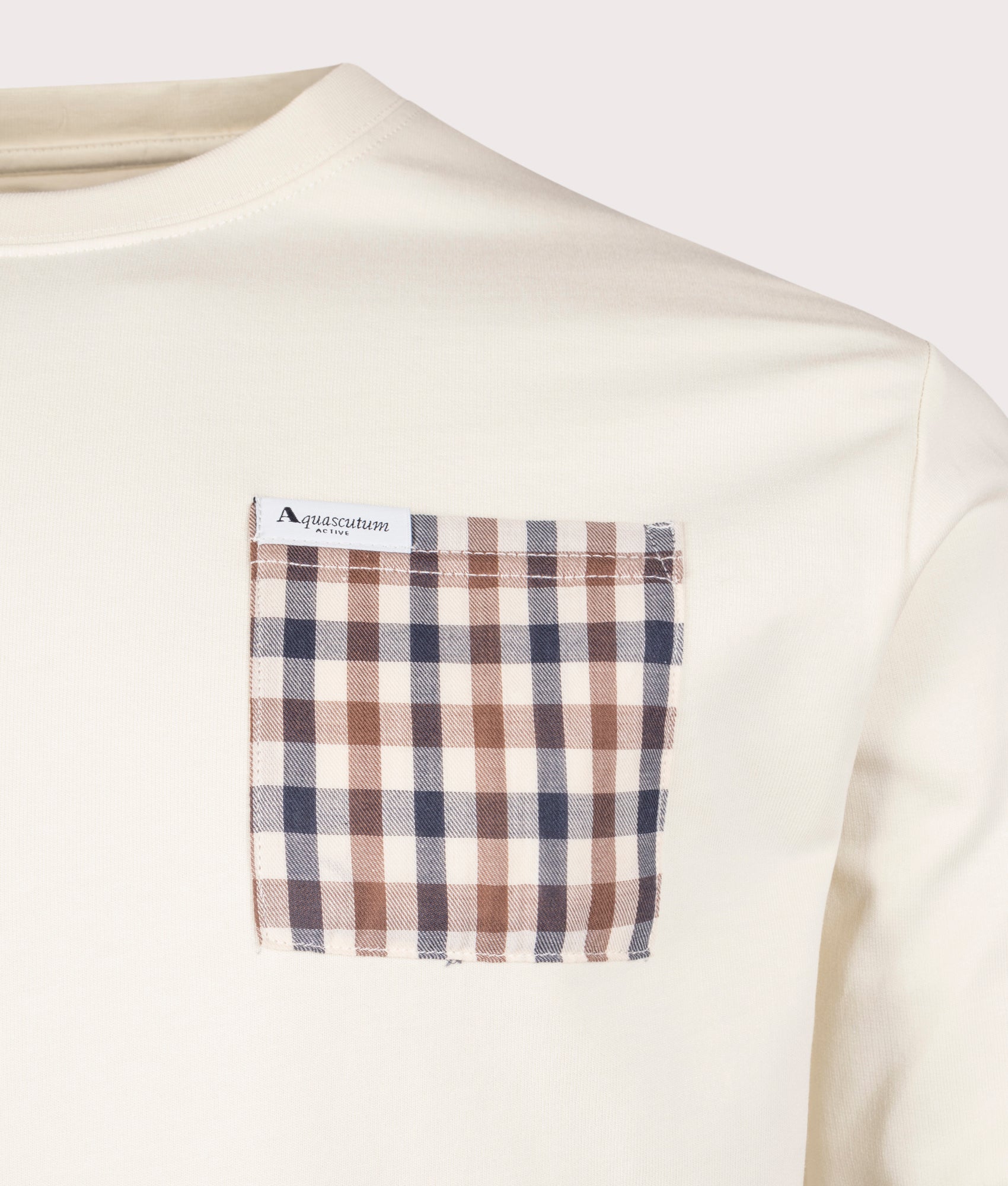 Aquascutum Iconic Pocket Crewneck Sweatshirt in Old White. Detail Shot at EQVVS.