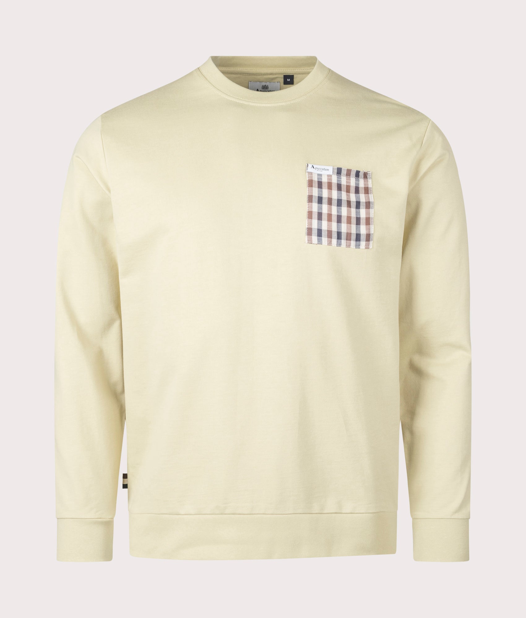 Aquascutum Iconic Pocket Crewneck Sweatshirt in Beige, 100% Cotton at EQVVS. Front shot. 