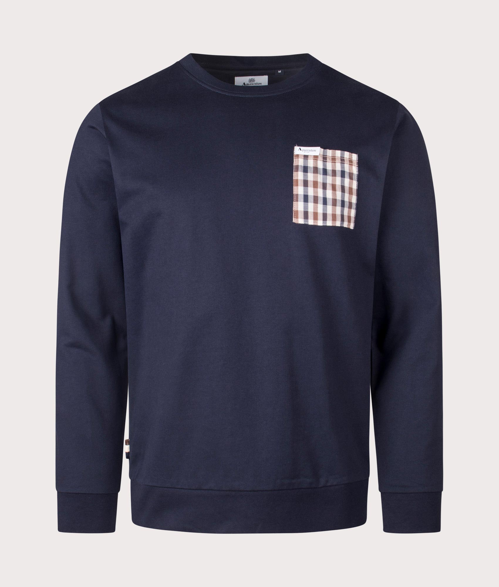 Aquascutum Iconic Pocket Crewneck Sweatshirt in Navy Blue. Front Shot at EQVVS.