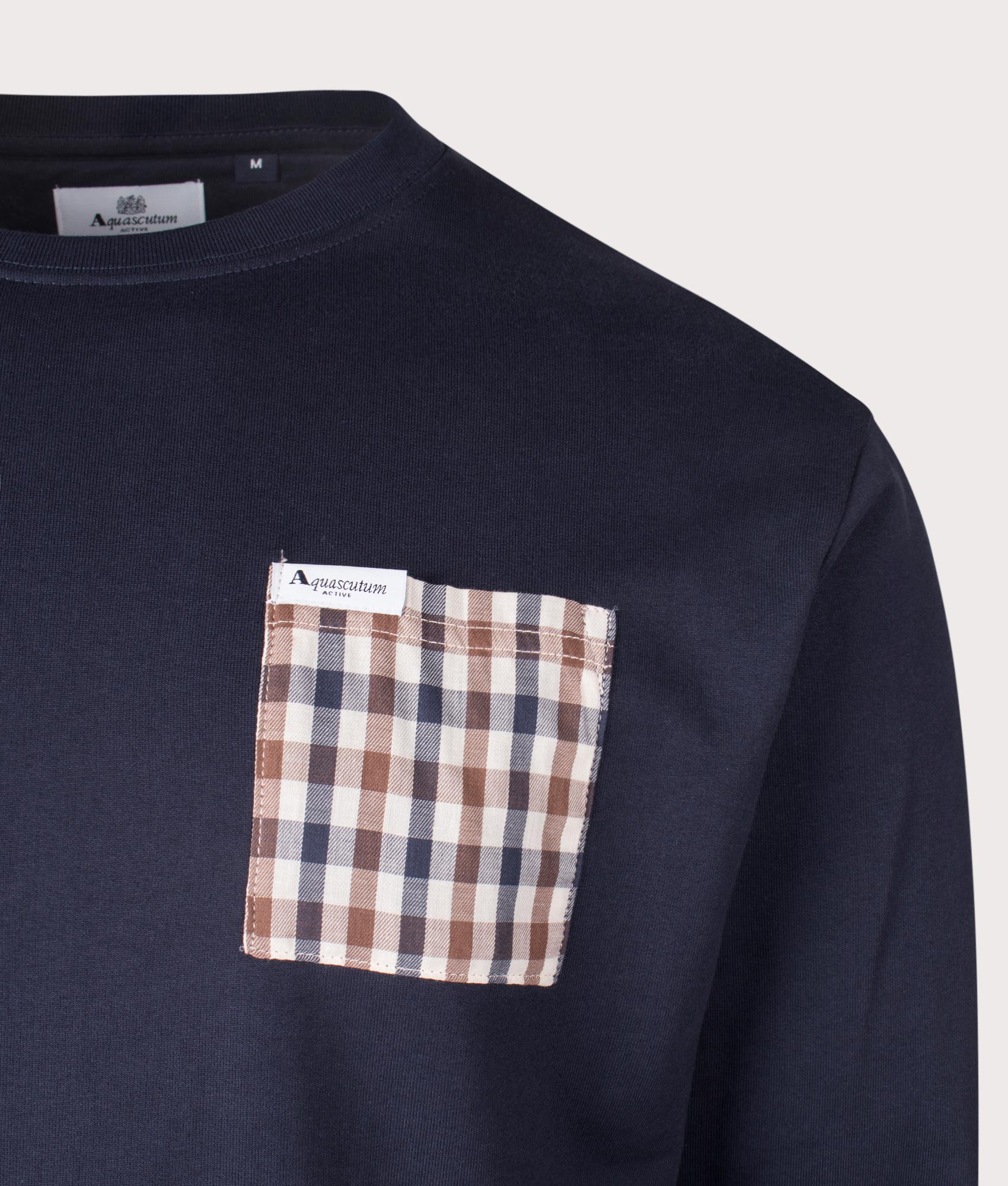 Aquascutum Iconic Pocket Crewneck Sweatshirt in Navy Blue. Detail Shot at EQVVS.