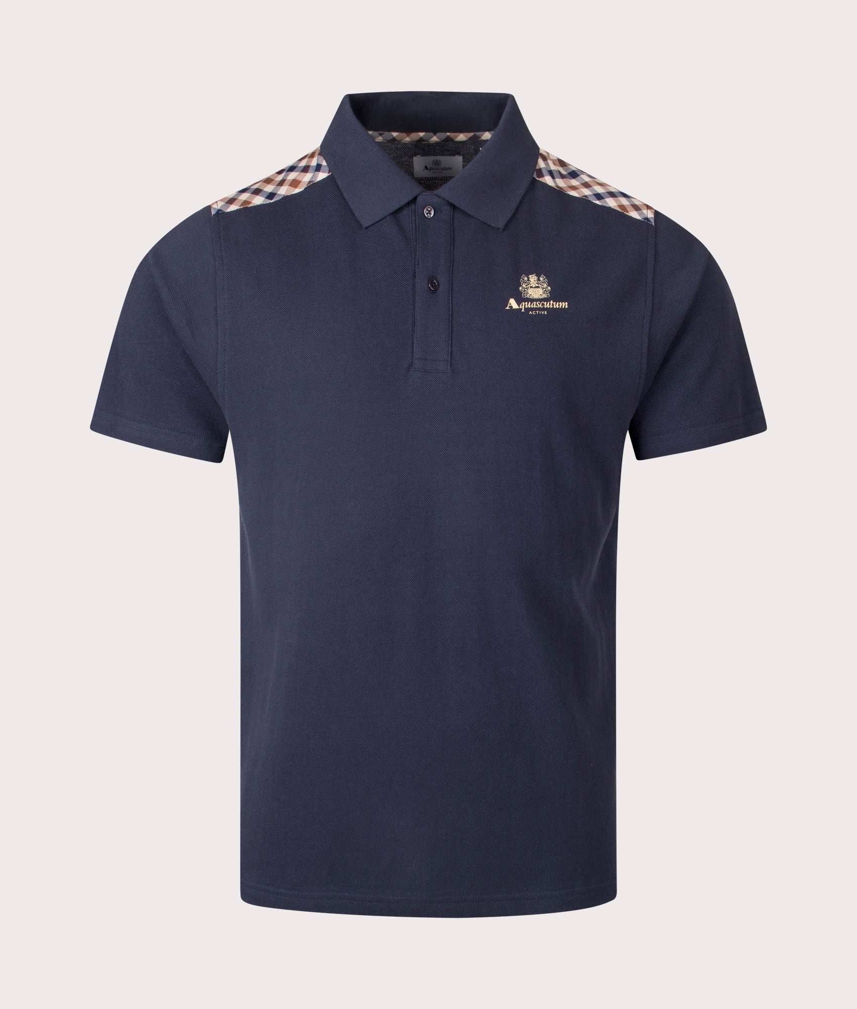 Aquascutum Stripes Piquet Polo Shirt in Navy at EQVVS Menswear. Front shot.