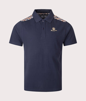 Aquascutum Stripes Piquet Polo Shirt in Navy at EQVVS Menswear. Front shot.