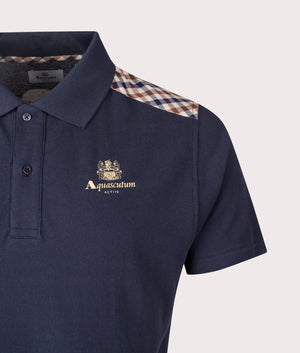 Aquascutum Stripes Piquet Polo Shirt in Navy at EQVVS Menswear. Detail shot.