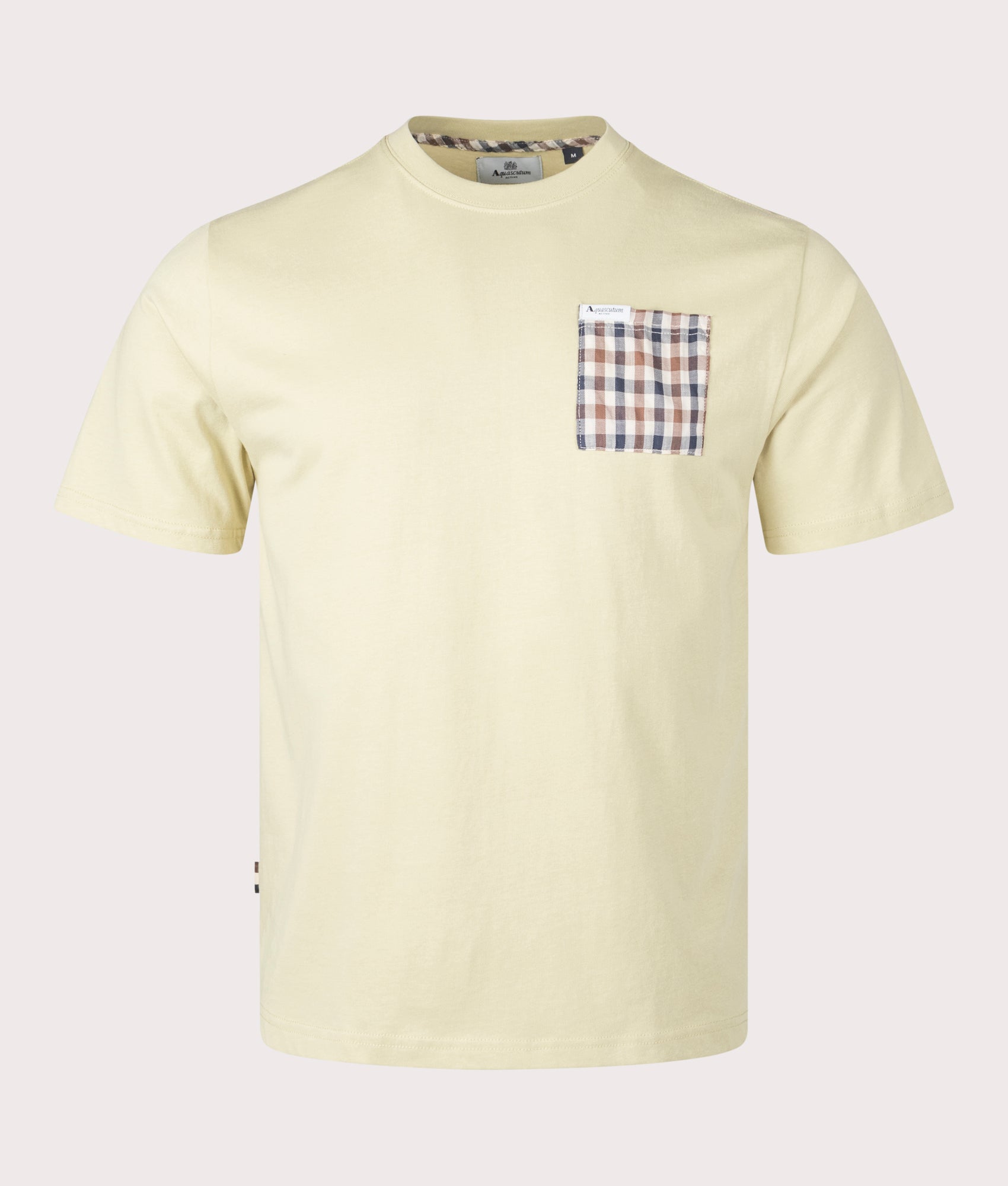 Aquascutum Club Check Pocket T-Shirt in Beige, 100% cotton at EQVVS. Front shot. 