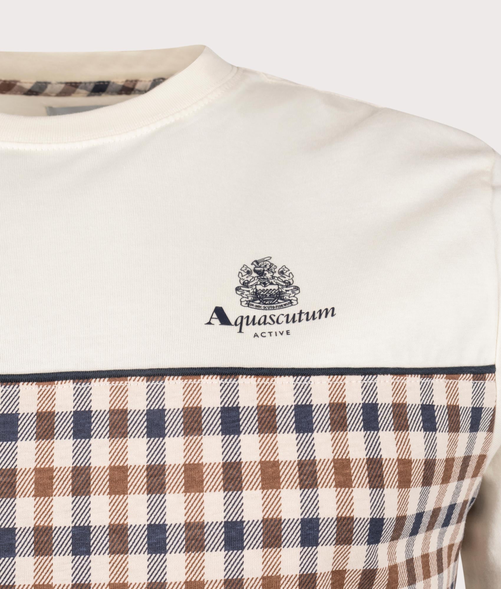 Aquascutum Insert Piping T-Shirt in Old White and Club Check. Detail shot at EQVVS.