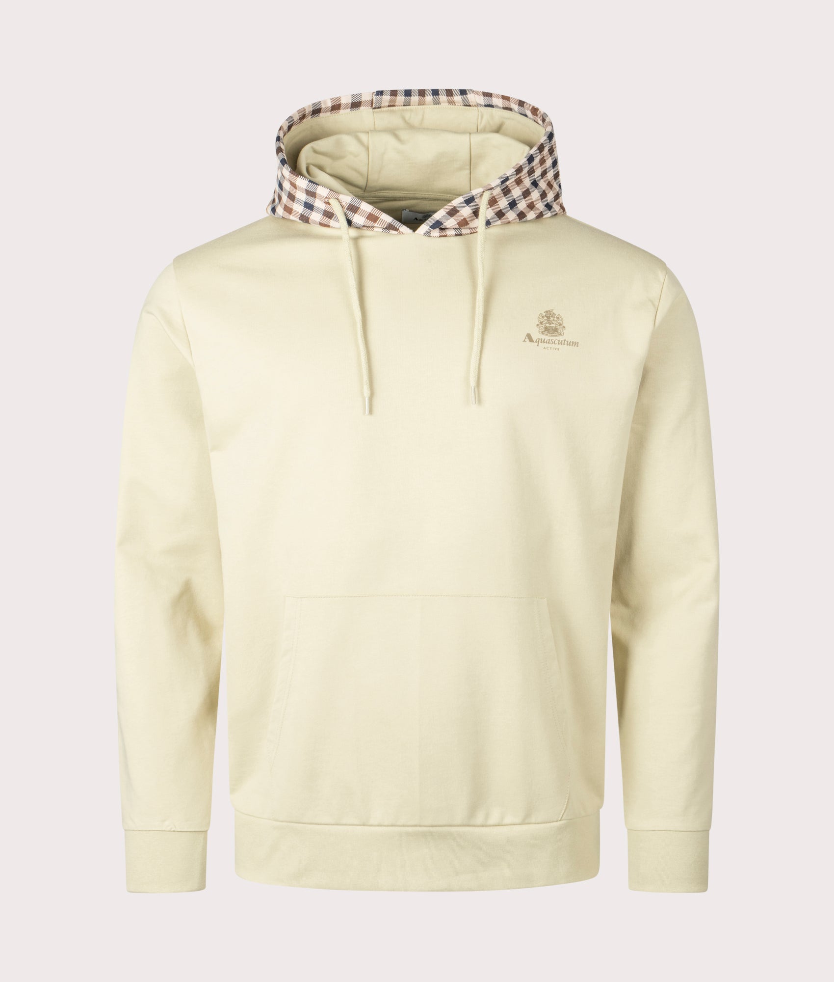 Aquascutum Club Check Hood Overhead Hoodie in Beige, 100% cotton at EQVVS. Front shot.