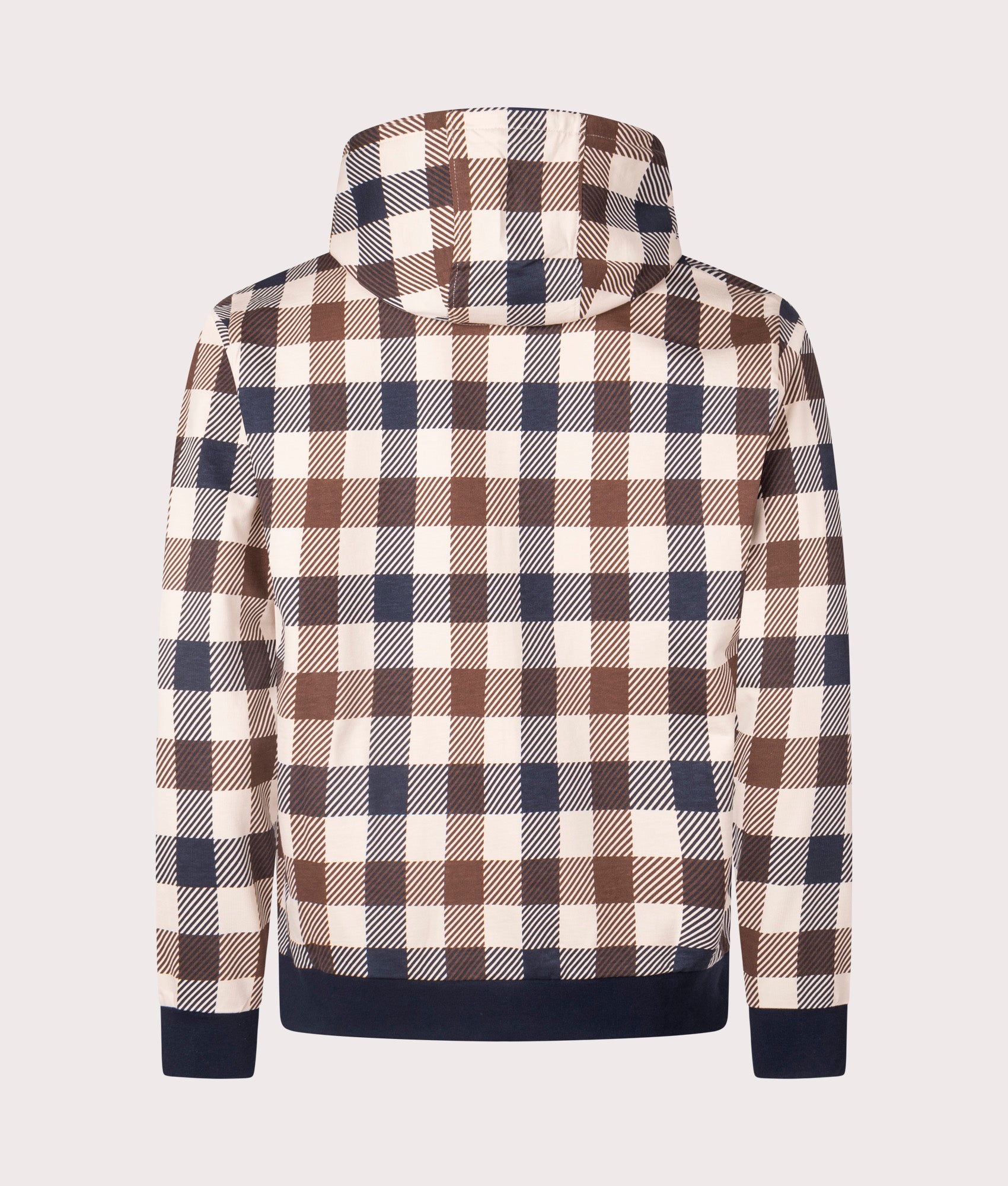 Aquascutum Macro Check Iconic Full Zip Hoodie with Navy contrast. Back Shot at EQVVS.