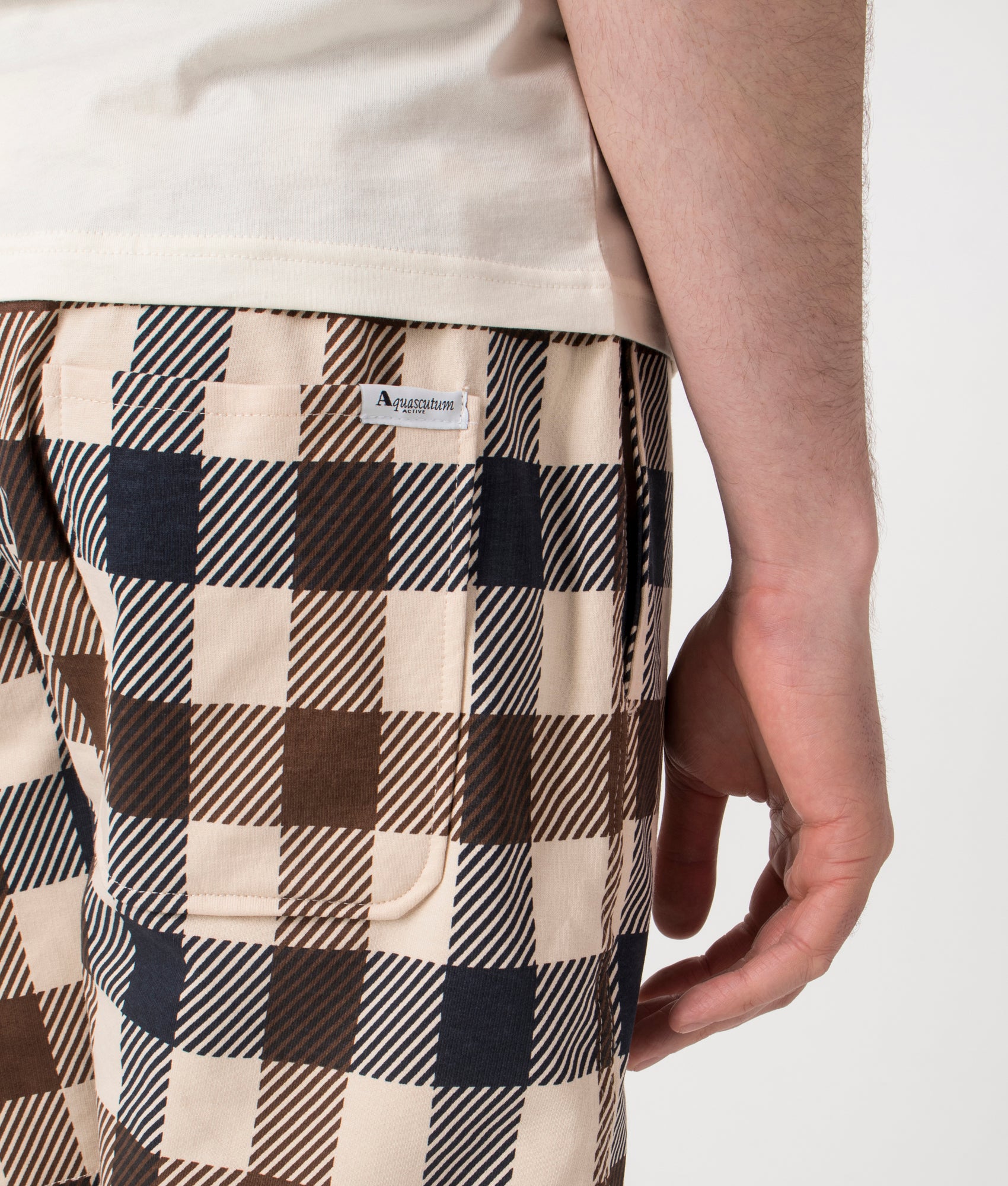 Aquascutum, Macro Club Check Short Pants, navy, Eqvvs Menswear, detailed shot angle
