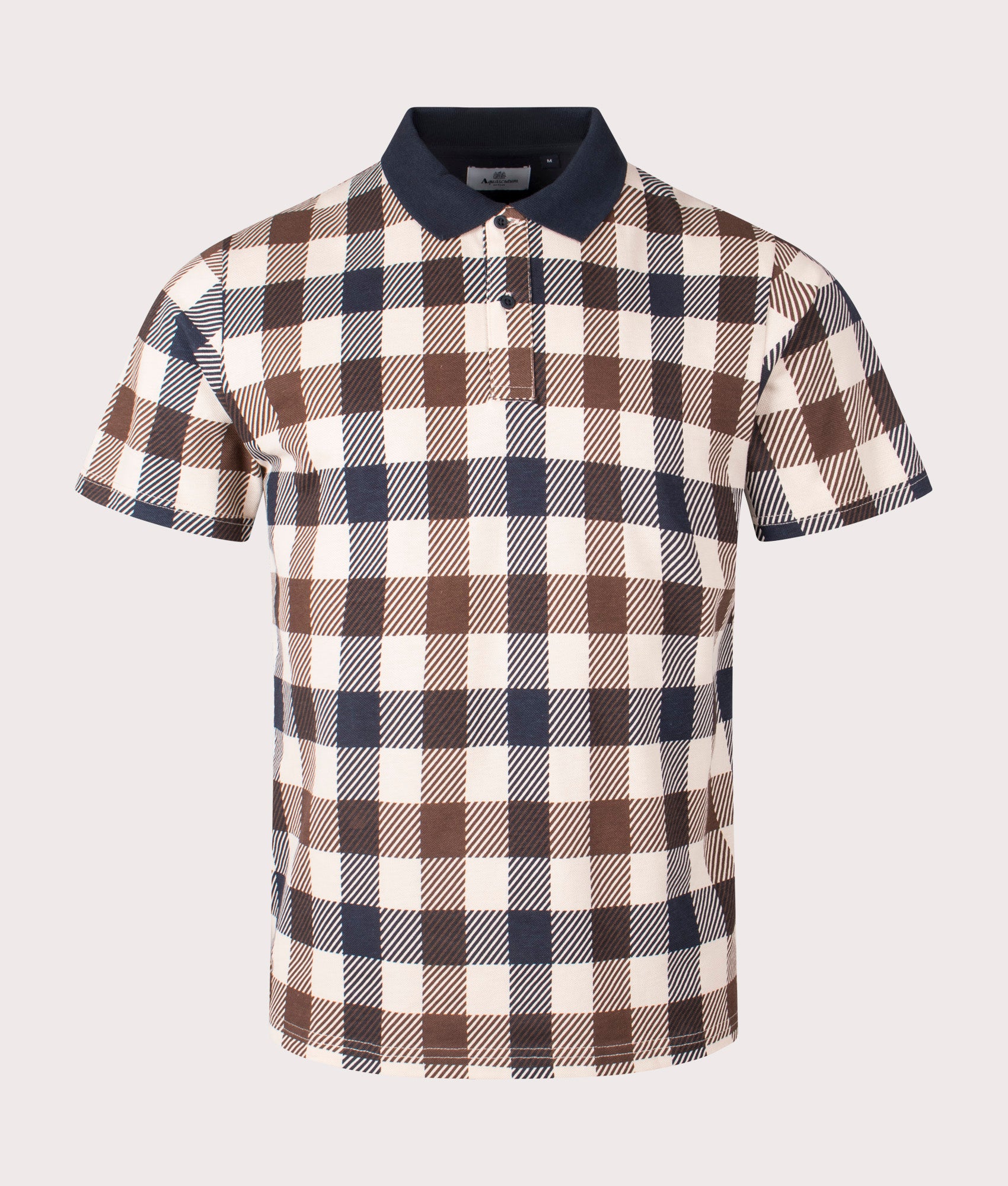Aquascutum Macro Iconic Check Polo Shirt in Navy. Front Shot at EQVVS.