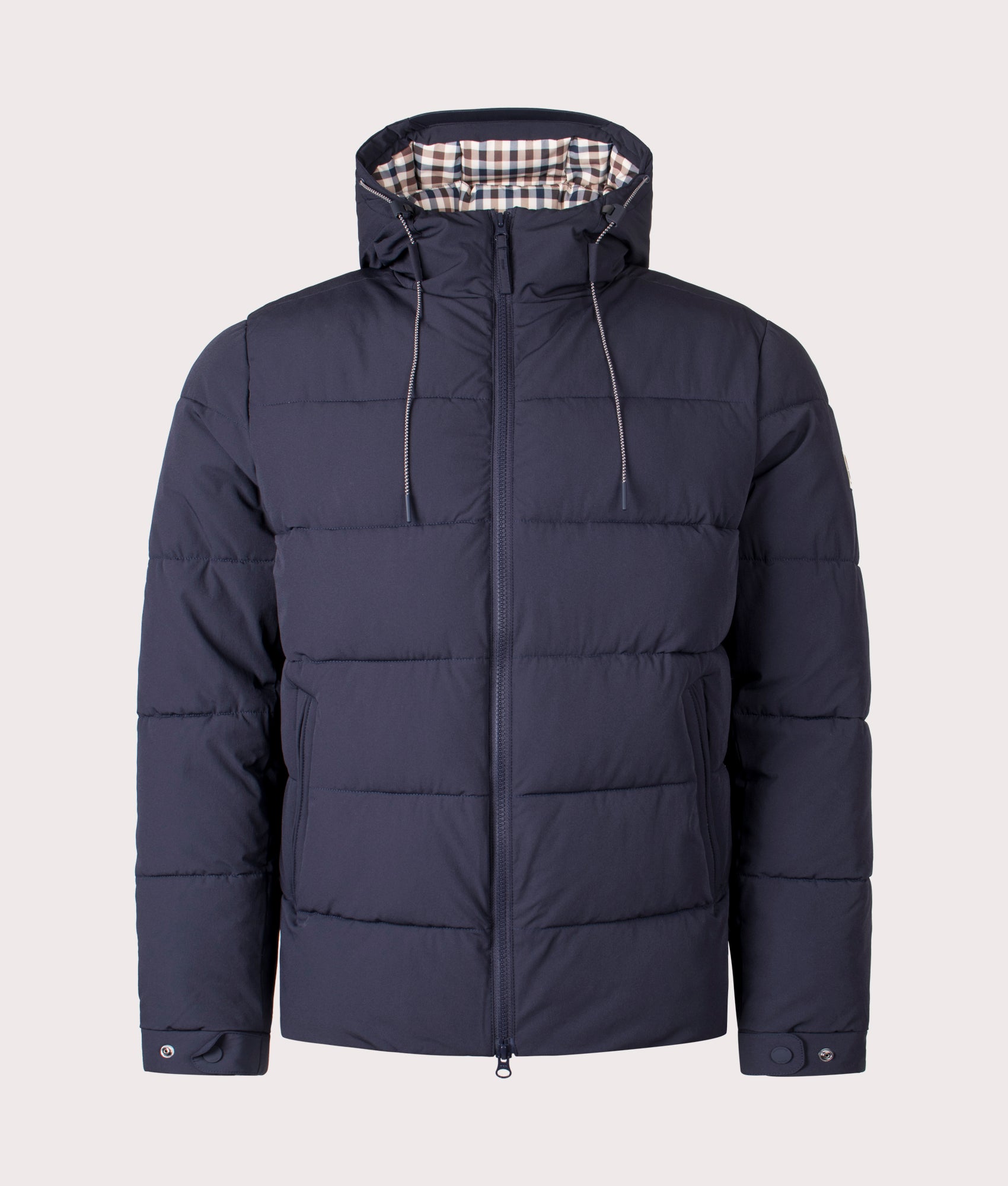 Aquascutum SP Hooded Puffer coat in Navy at EQVVS Menswear. Front shot.