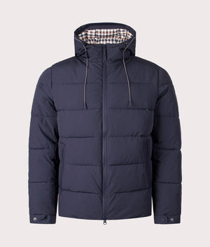 Aquascutum SP Hooded Puffer coat in Navy at EQVVS Menswear. Front shot.
