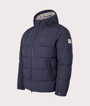 Aquascutum SP Hooded Puffer coat in Navy at EQVVS Menswear. Angled front shot.