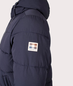 Aquascutum SP Hooded Puffer coat in Navy at EQVVS Menswear. Sleeve detail shot.