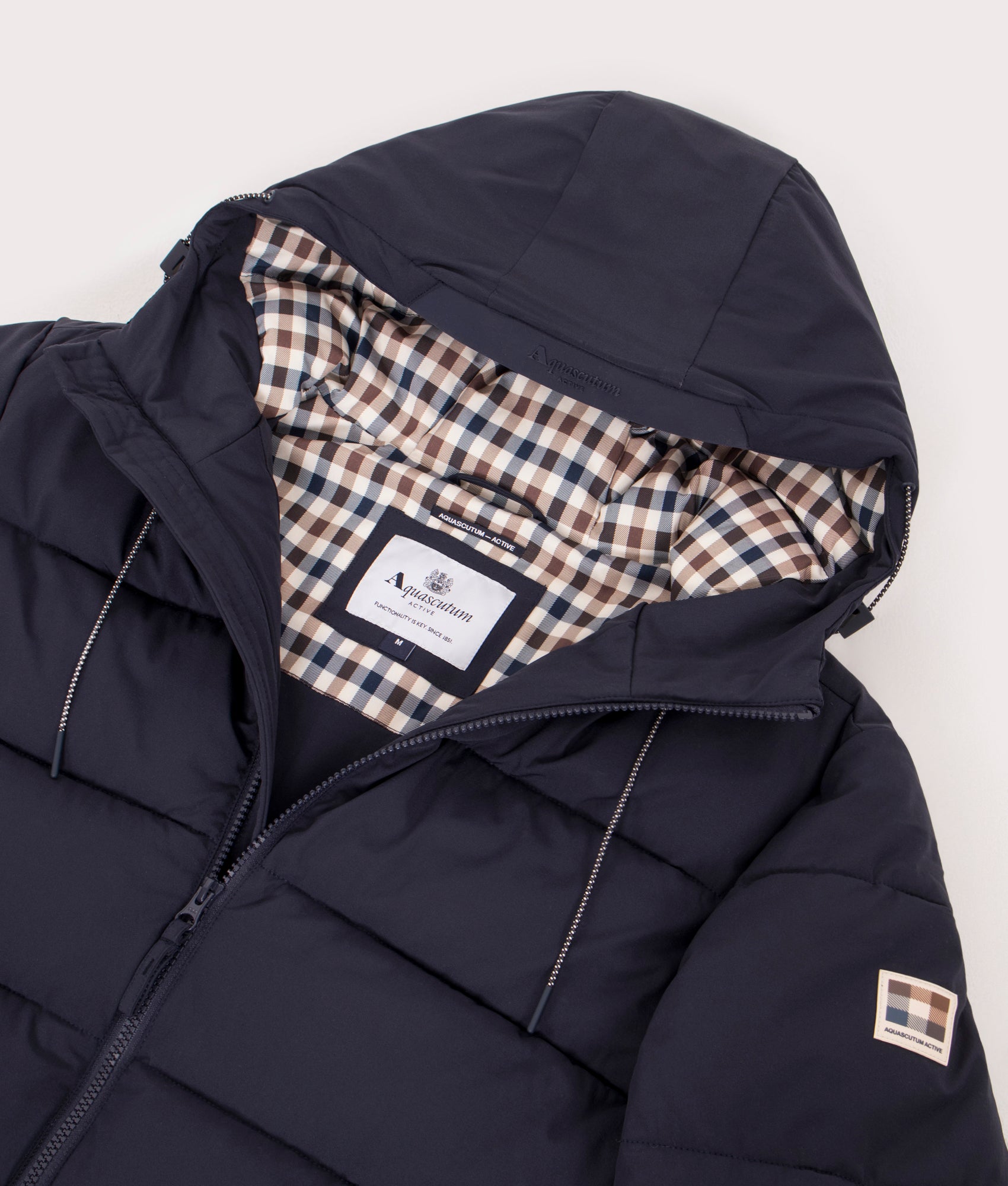 Aquascutum SP Hooded Puffer coat in Navy at EQVVS Menswear. Hood detail shot. 