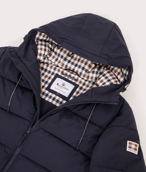 Aquascutum SP Hooded Puffer coat in Navy at EQVVS Menswear. Hood detail shot. 