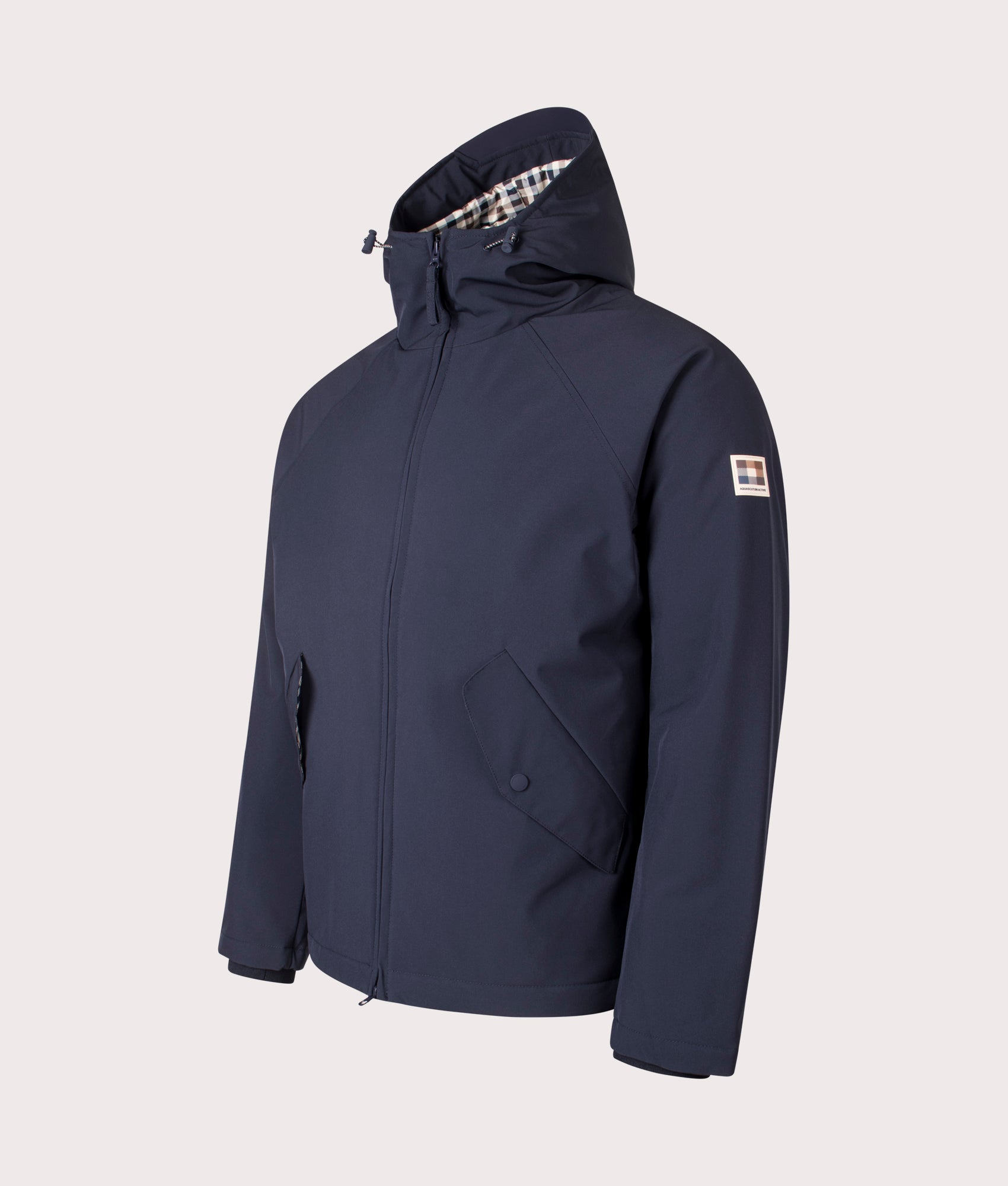 Aquascutum Soft Shell Mid Parka in Navy at EQVVS Menswear. Angled Shot.
