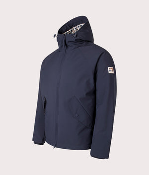 Aquascutum Soft Shell Mid Parka in Navy at EQVVS Menswear. Angled Shot.