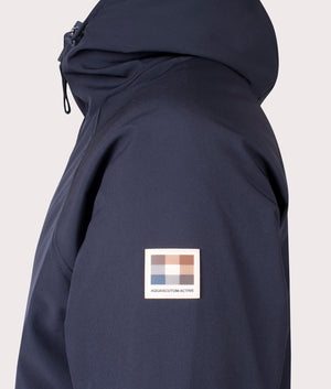 Aquascutum Soft Shell Mid Parka in Navy at EQVVS Menswear. Detail Shot.