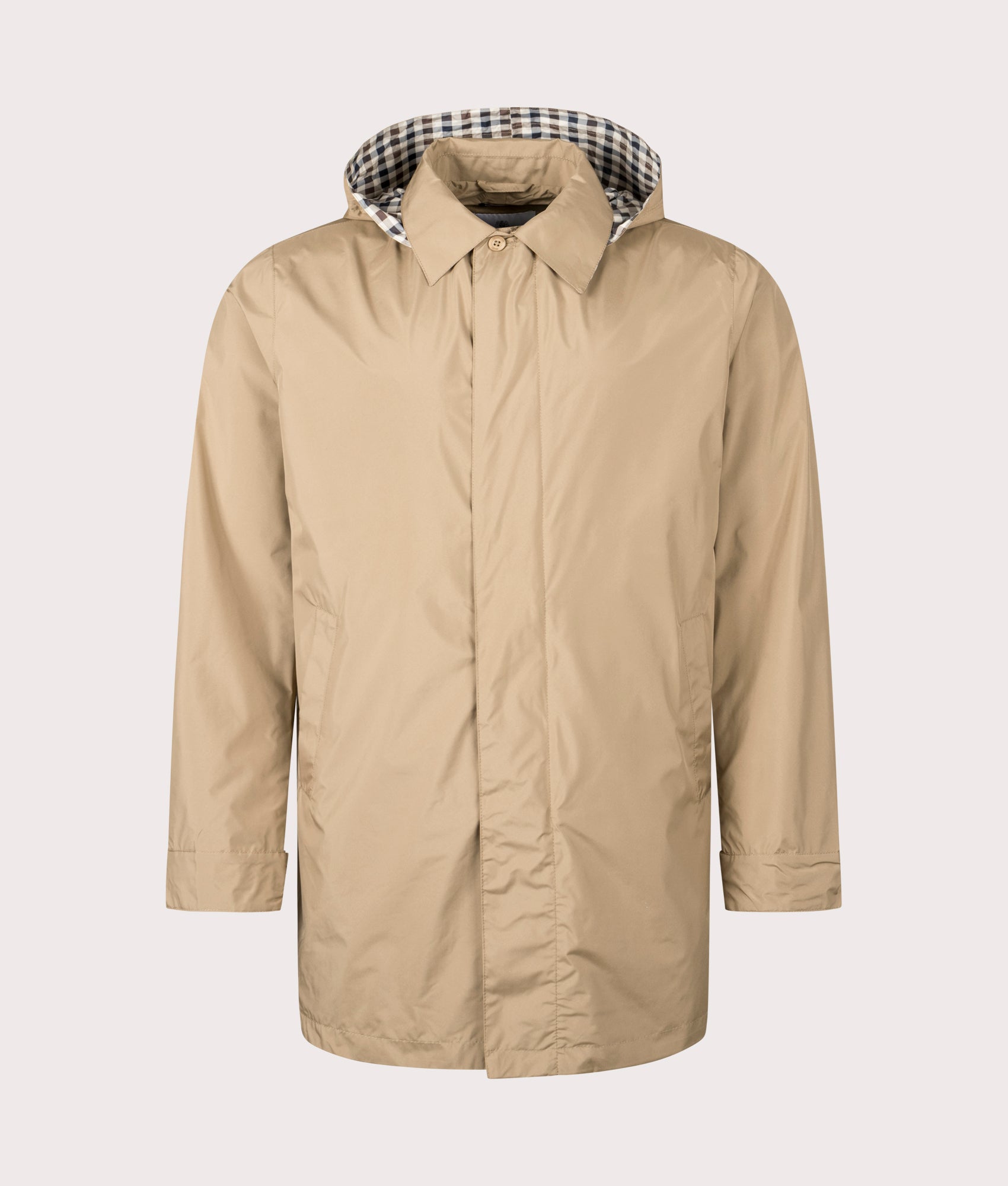 Aquascutum Packable Trench Coat in Khaki at EQVVS Menswear. Front Shot. 