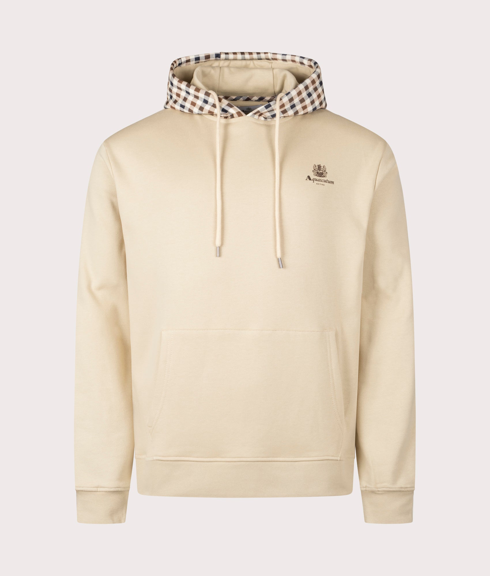 Aquascutum Club Check hoodie in Beige at EQVVS Menswear. Front Shot.
