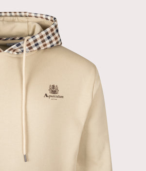 Aquascutum Club Check hoodie in Beige at EQVVS Menswear. Detail Shot.