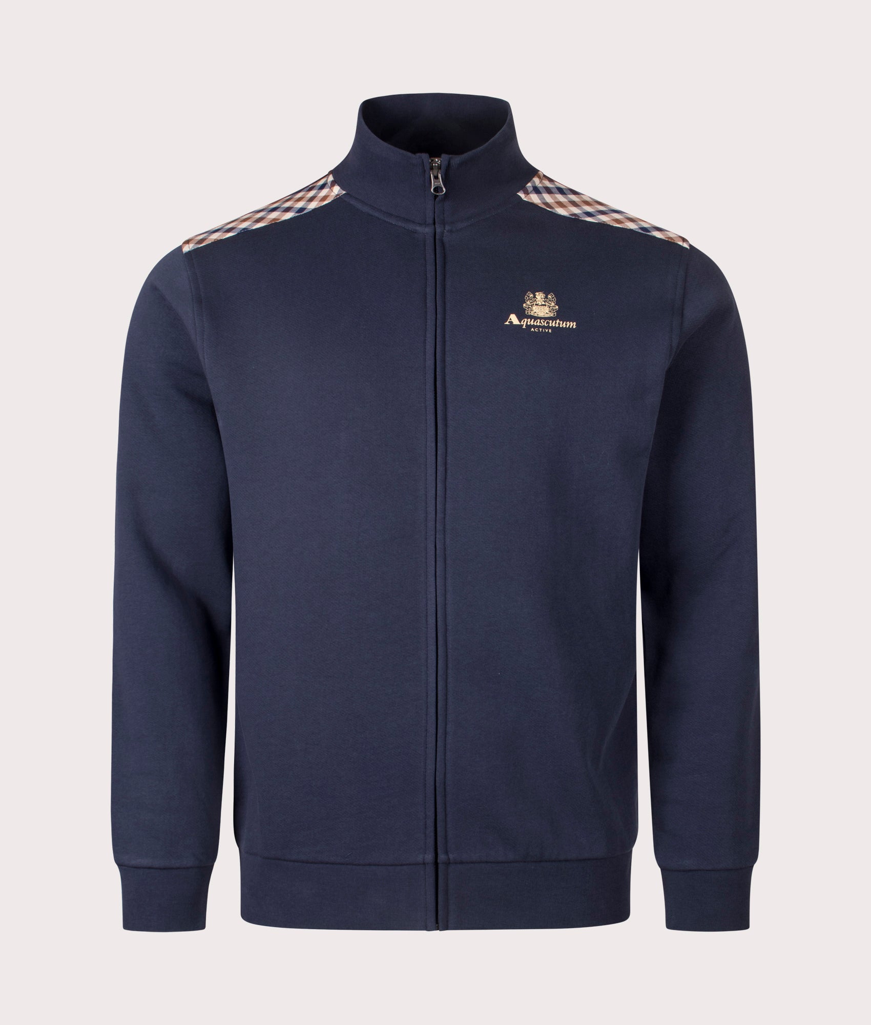 Aquascutum club check shoulder full zip fleece track top in Navy at EQVVS Menswear. Front shot. 