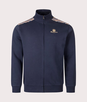Aquascutum club check shoulder full zip fleece track top in Navy at EQVVS Menswear. Front shot. 
