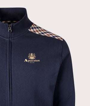 Aquascutum club check shoulder full zip fleece track top in Navy at EQVVS Menswear. Detail shot. 
