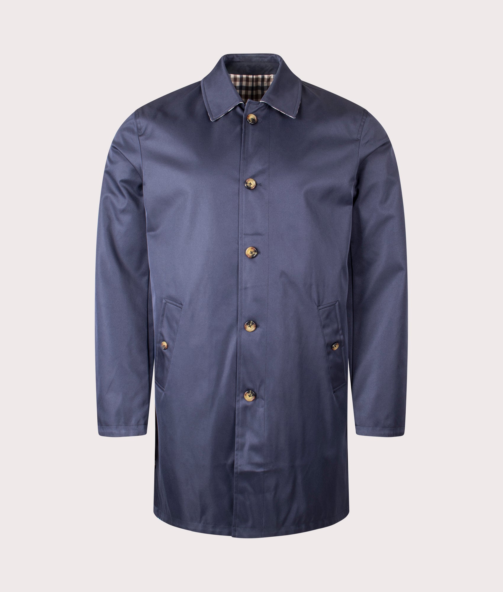 Aquascutum Archival Reversible Mid Coat in Navy. Front shot.  