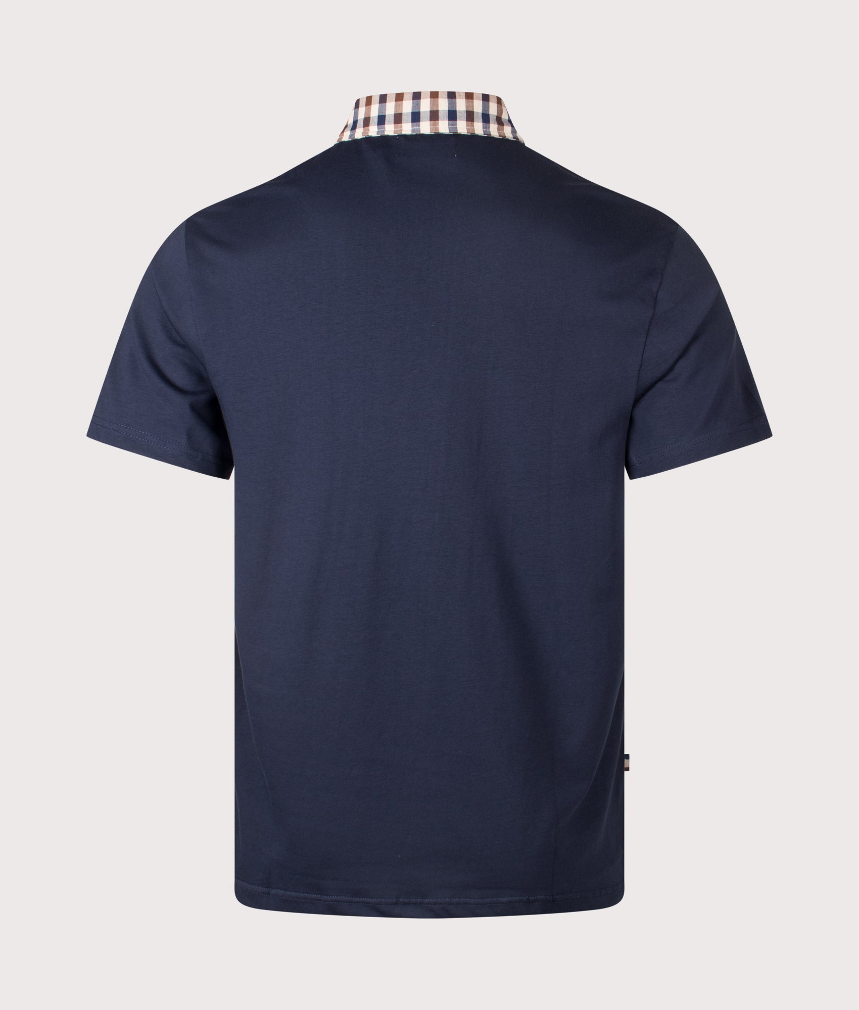 Club Check Collar Polo Shirt by Aquascutum in Navy. Shot by EQVVS. Back shot.