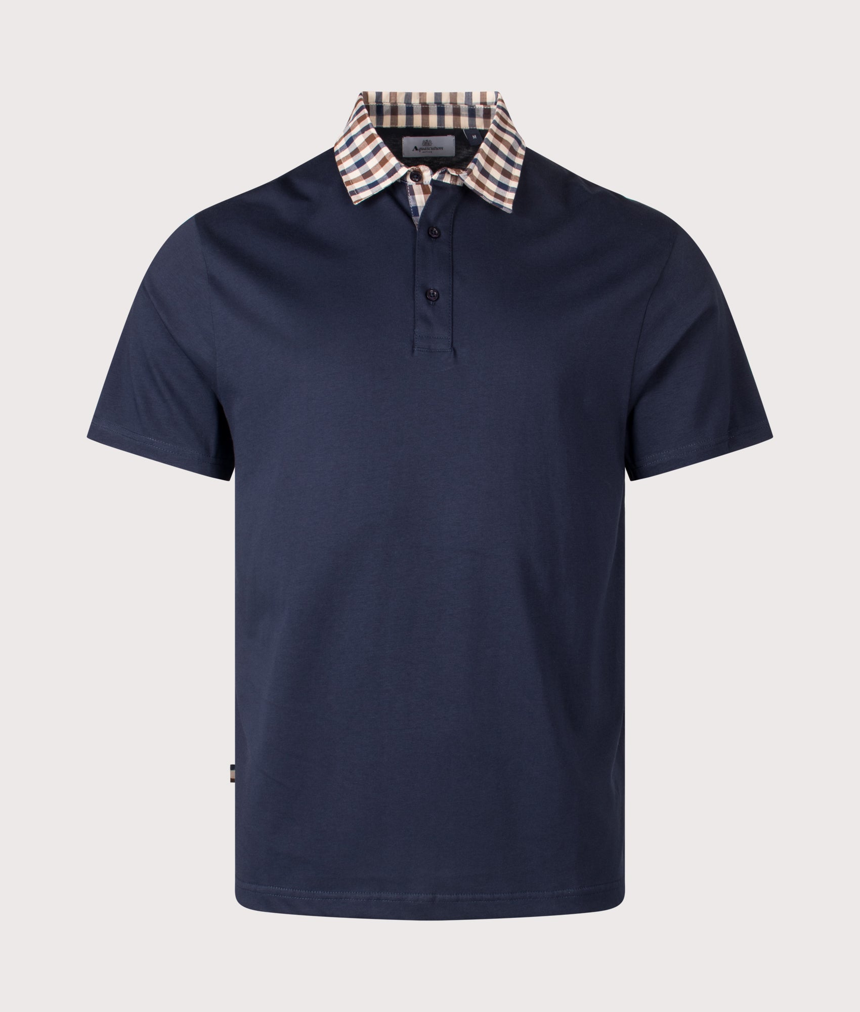 Club Check Collar Polo Shirt by Aquascutum in Navy. Shot by EQVVS. Front shot.