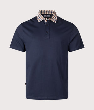 Club Check Collar Polo Shirt by Aquascutum in Navy. Shot by EQVVS. Front shot.