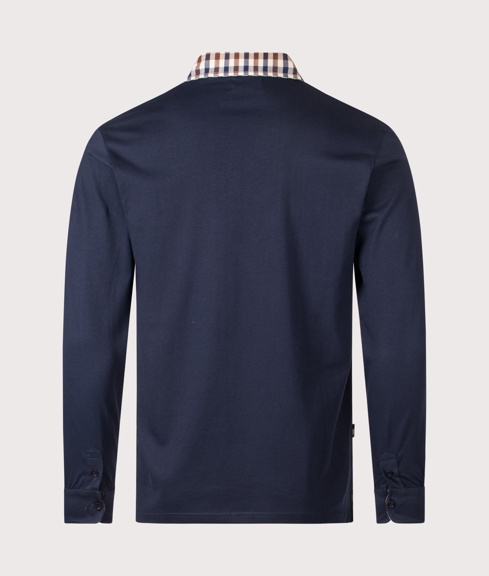 Club Check Collar Long Sleeve Polo Shirt by Aquascutum in Navy. Shot by EQVVS. Back shot.