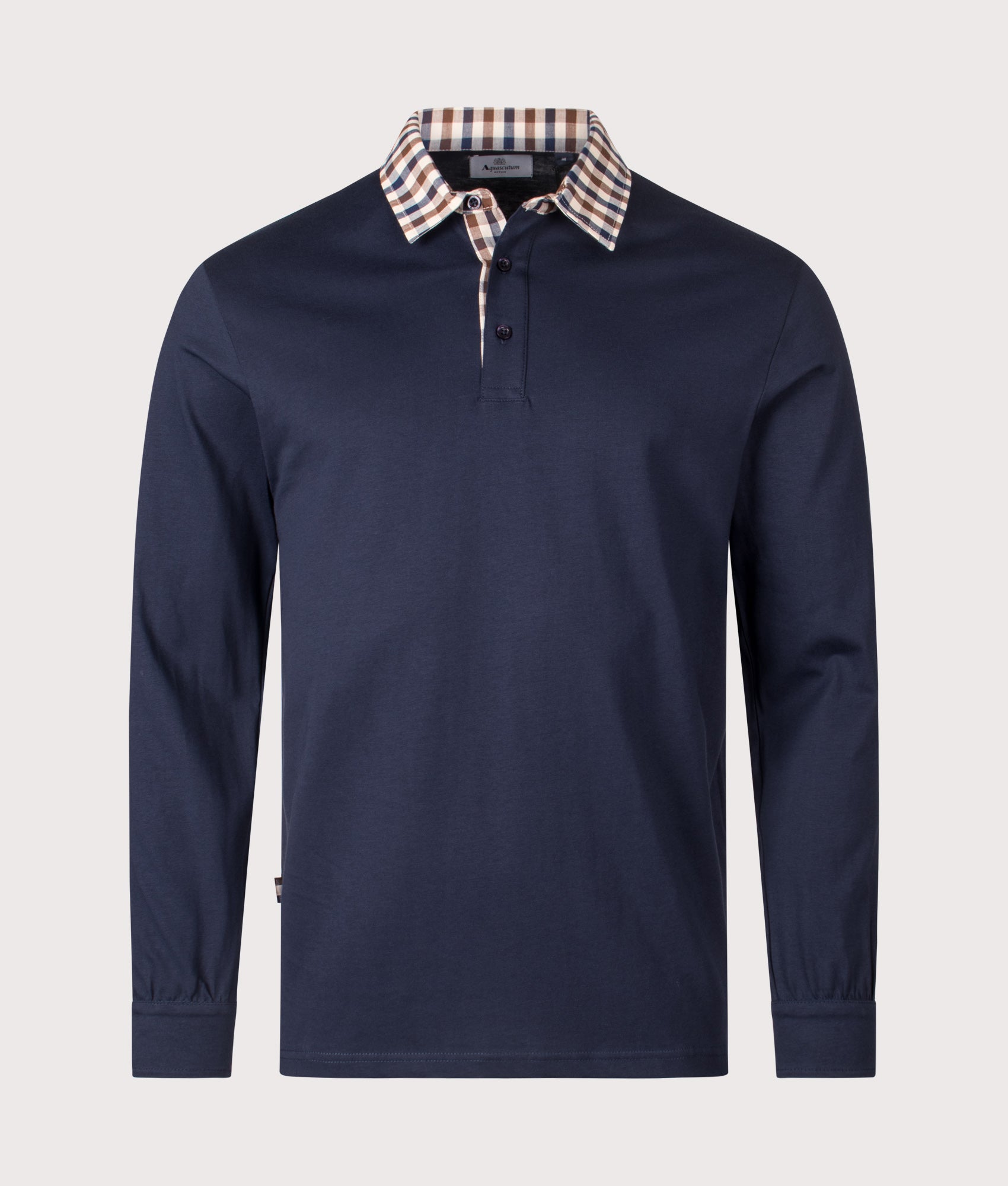 Club Check Collar Long Sleeve Polo Shirt by Aquascutum in Navy. Shot by EQVVS. Front shot.