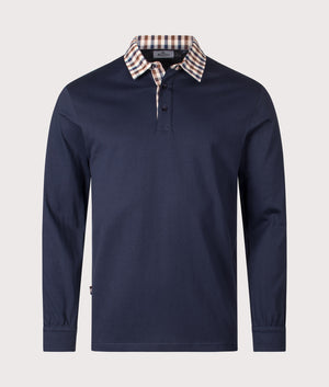 Club Check Collar Long Sleeve Polo Shirt by Aquascutum in Navy. Shot by EQVVS. Front shot.