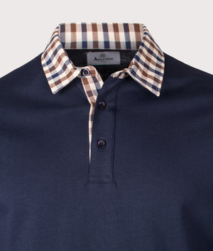 Club Check Collar Long Sleeve Polo Shirt by Aquascutum in Navy. Shot by EQVVS. Detail shot.