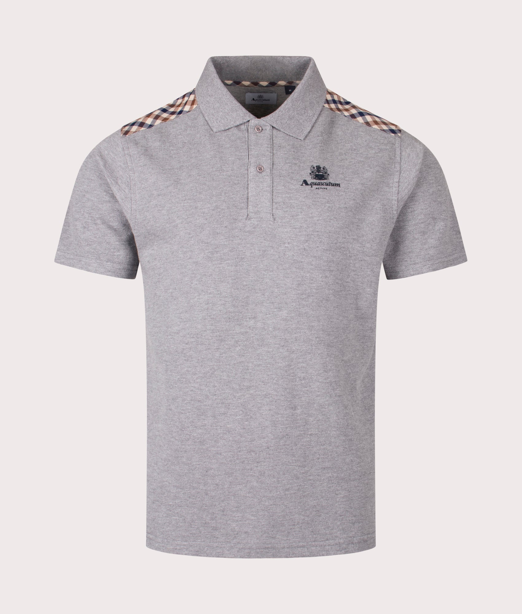 The Aquascutum Stripes Piquet Polo shirt in Grey at EQVVS Menswear. Front shot.