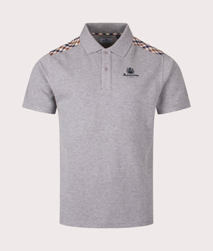The Aquascutum Stripes Piquet Polo shirt in Grey at EQVVS Menswear. Front shot.