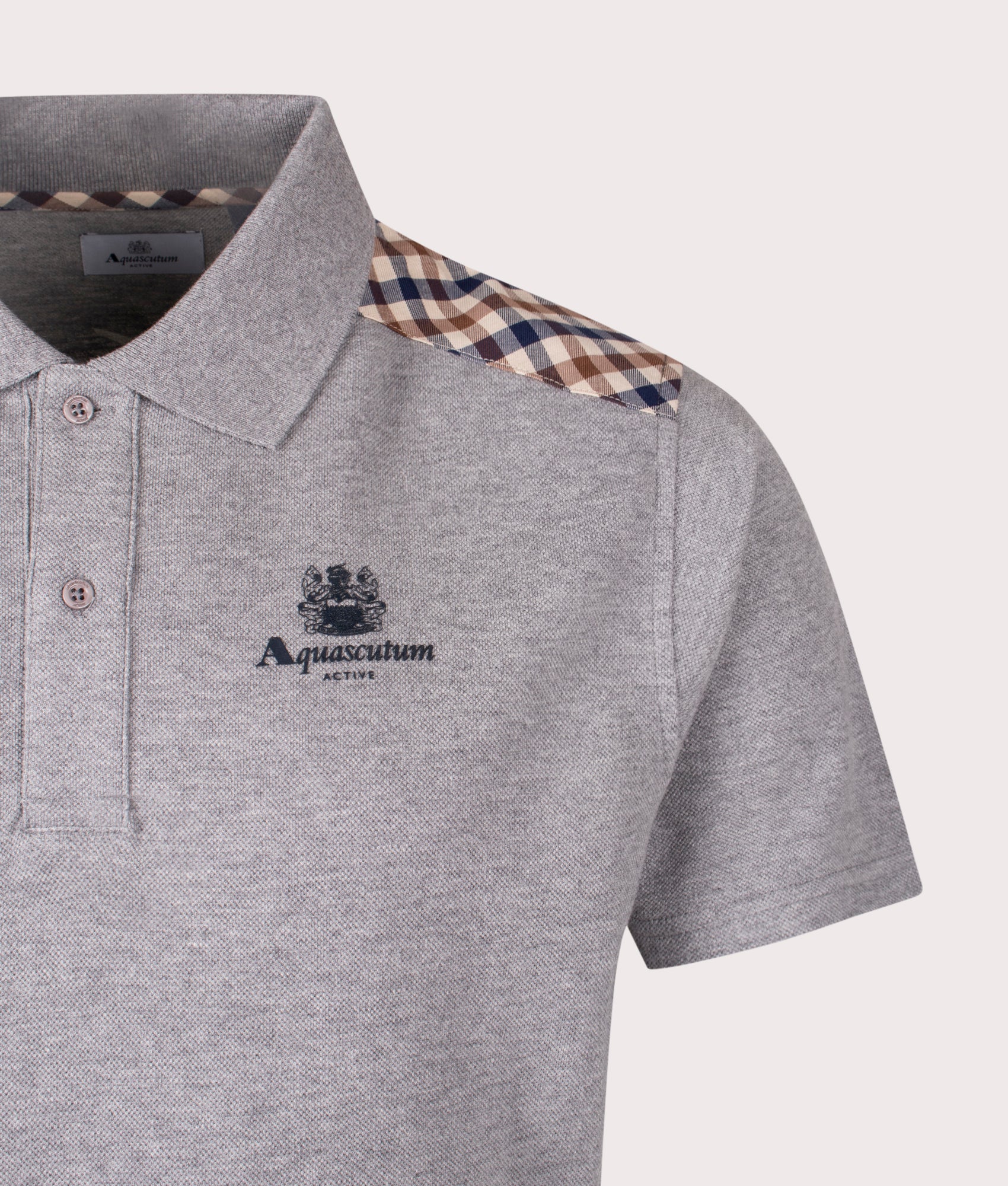 The Aquascutum Stripes Piquet Polo shirt in Grey at EQVVS Menswear. Detail shot.