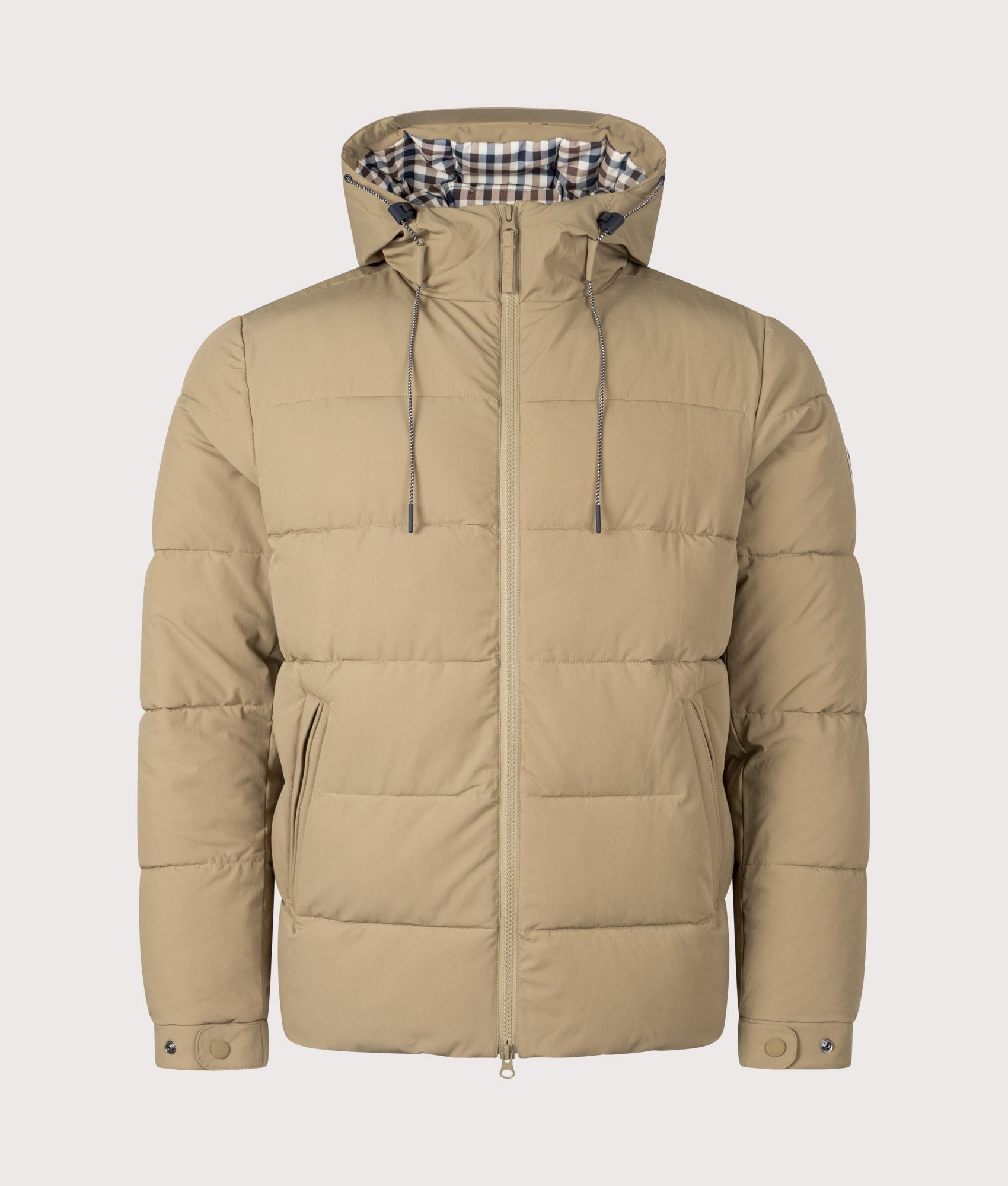Sp Hooded Pufer Coat by Aquascutum in Khaki. Shot by EQVVS. Front shot.