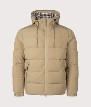 Sp Hooded Pufer Coat by Aquascutum in Khaki. Shot by EQVVS. Front shot.