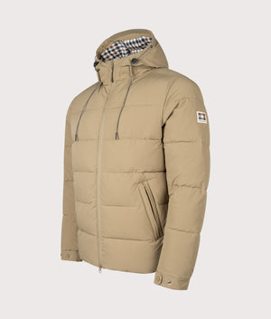 Sp Hooded Pufer Coat by Aquascutum in Khaki. Shot by EQVVS. Front angled shot.