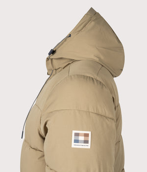 Sp Hooded Pufer Coat by Aquascutum in Khaki. Shot by EQVVS. Detail shot.